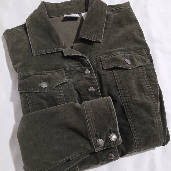 Chico's 1(US 8/10) Olive Green Stretch Corduroy Button-Up Jacket Cotton/Spandex - Picture 9 of 16